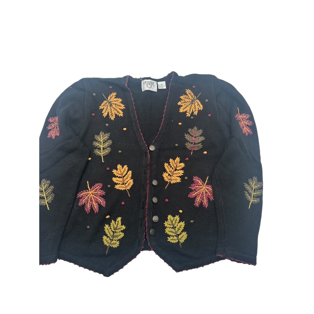 Cervelle Vintage Black Embroidered Fall Leaf Cardigan Sweater Plus Size 1X